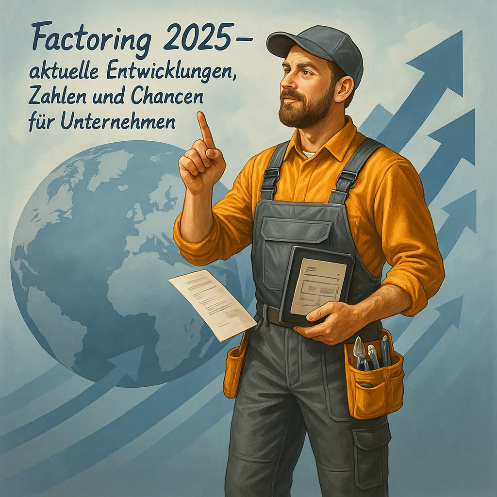 Handwerker mit Tablet präsentiert die Überschrift „Factoring 2025 – aktuelle Entwicklungen, Zahlen und Chancen für Unternehmen“ vor Hintergrund aus Finanzdiagrammen und Weltkarte