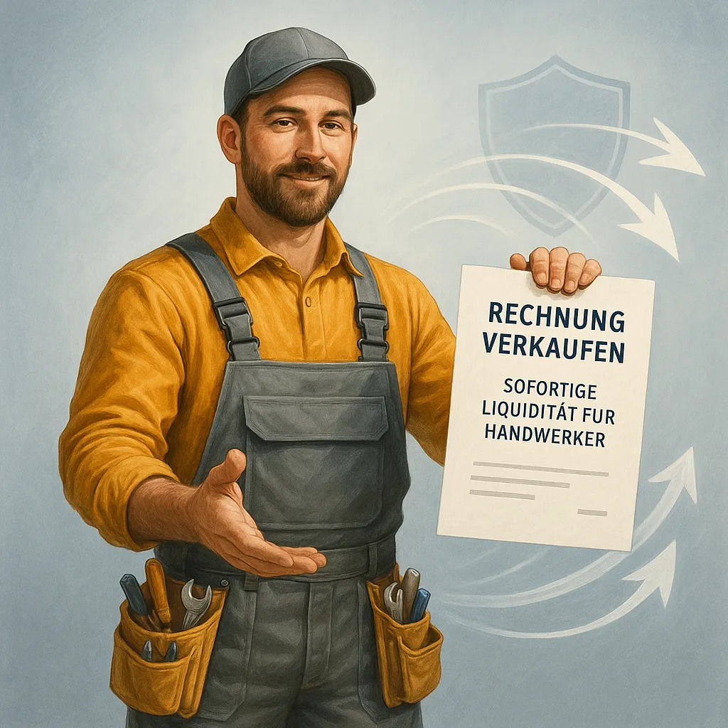 Handwerker hält eine Rechnung in der Hand und prüft Vorteile und Risiken des Rechnungsverkaufs