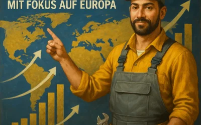 Handwerker in gelbem Hemd und grauen Overalls zeigt auf Europa in einer Weltkarte mit Wachstumsdiagrammen, neben der eingeblendeten Überschrift „Factoring bis 2029 – Globale Markttrends mit Fokus auf Europa“.