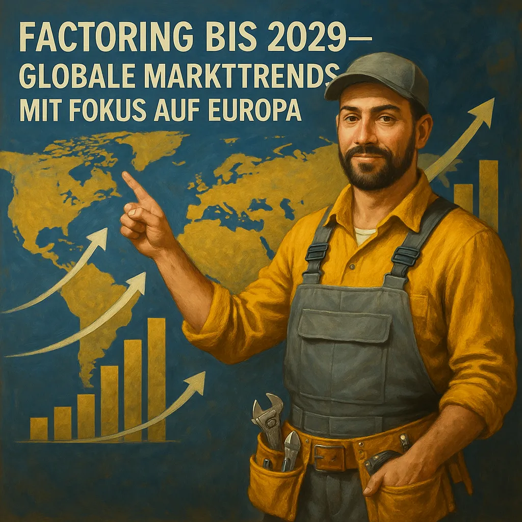Handwerker in gelbem Hemd und grauen Overalls zeigt auf Europa in einer Weltkarte mit Wachstumsdiagrammen, neben der eingeblendeten Überschrift „Factoring bis 2029 – Globale Markttrends mit Fokus auf Europa“.