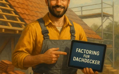 Dachdeckermeister mit Tablet, zeigt auf Factoring-Lösung für mehr Liquidität und Wachstum