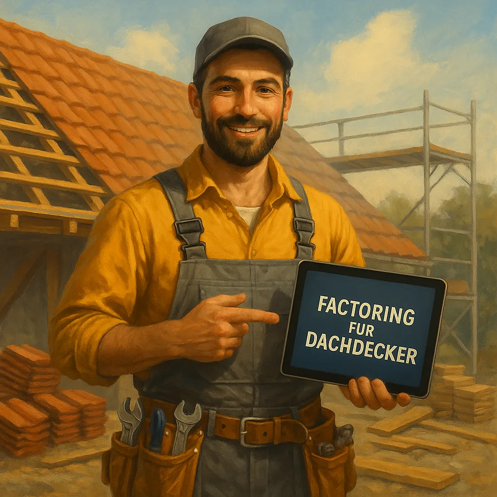factoring-dachdecker-liquiditaet-wachstum Dachdeckermeister mit Tablet, zeigt auf Factoring-Lösung für mehr Liquidität und Wachstum