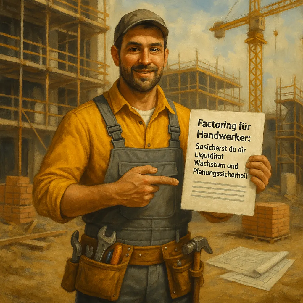 Handwerker in gelbem Hemd präsentiert Factoring als Lösung für Liquidität und Wachstum im Handwerk