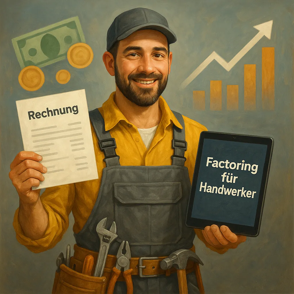 Handwerker mit Rechnung und Tablet erklärt Factoring für schnelle Liquidität im Handwerk