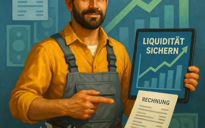 Handwerker mit Rechnung in der Hand zeigt selbstbewusst auf Diagramm zur Liquiditätssicherung