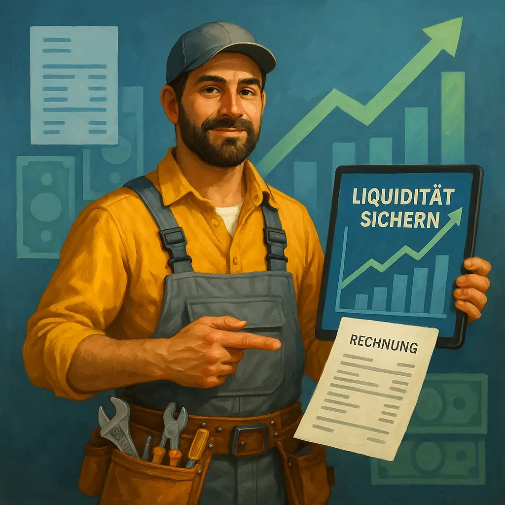 Handwerker mit Rechnung in der Hand zeigt selbstbewusst auf Diagramm zur Liquiditätssicherung