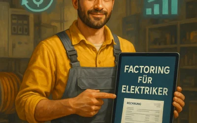 Elektriker in grauer Arbeitskleidung zeigt mit einem Tablet auf eine digitale Rechnung mit dem Schriftzug „Liquidität sichern – Wachstum ermöglichen“.