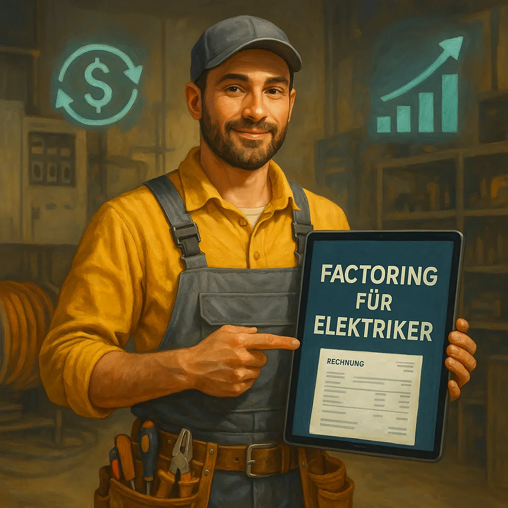 Elektriker in grauer Arbeitskleidung zeigt mit einem Tablet auf eine digitale Rechnung mit dem Schriftzug „Liquidität sichern – Wachstum ermöglichen“.