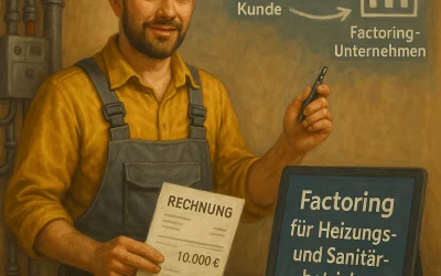 Handwerker mit Rechnung in der Hand erklärt Factoring für Heizungs- und Sanitärbetriebe vor digitalem Hintergrund mit Geldfluss-Grafik