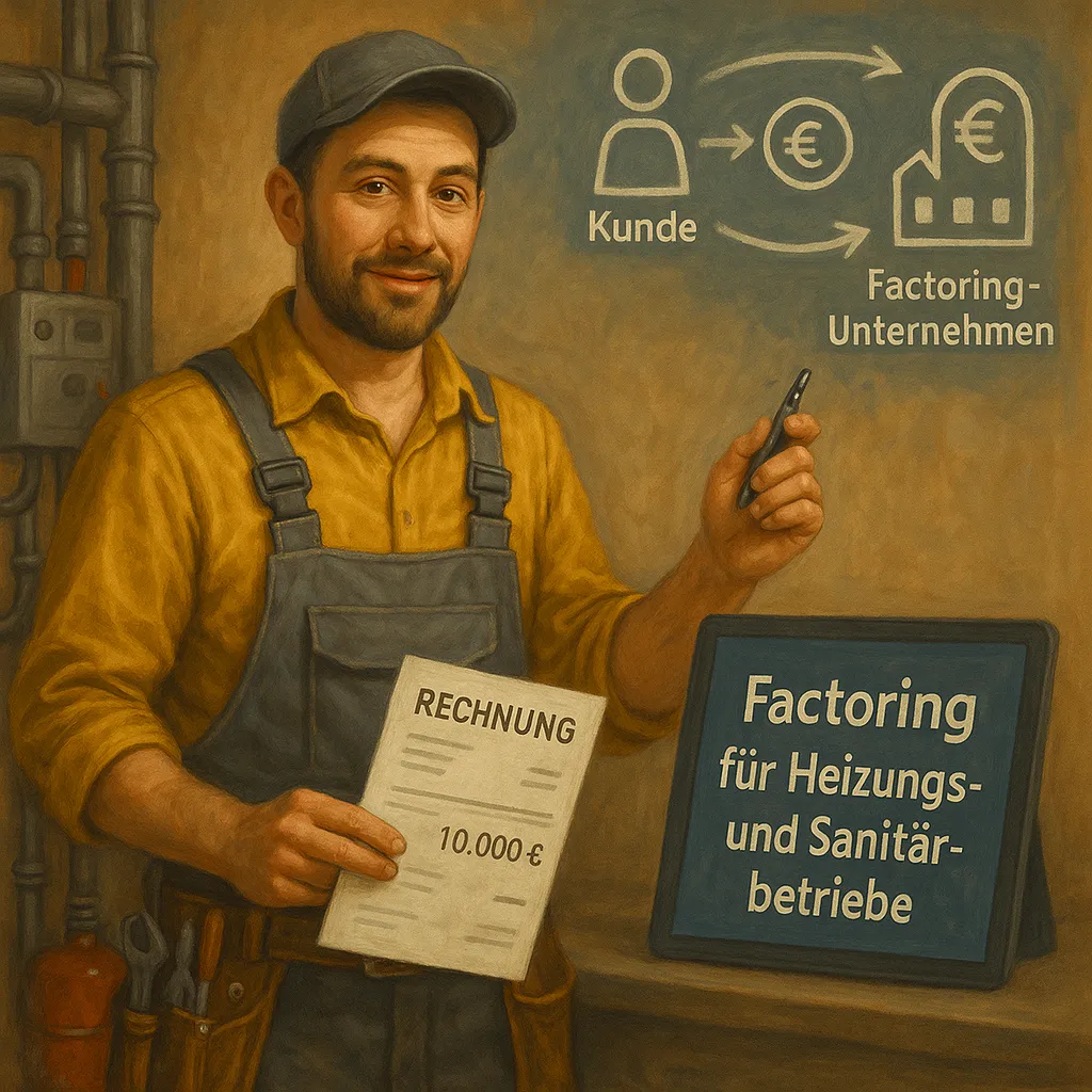 factoring-fuer-heizungs-und-sanitaerbetriebe Handwerker mit Rechnung in der Hand erklärt Factoring für Heizungs- und Sanitärbetriebe vor digitalem Hintergrund mit Geldfluss-Grafik