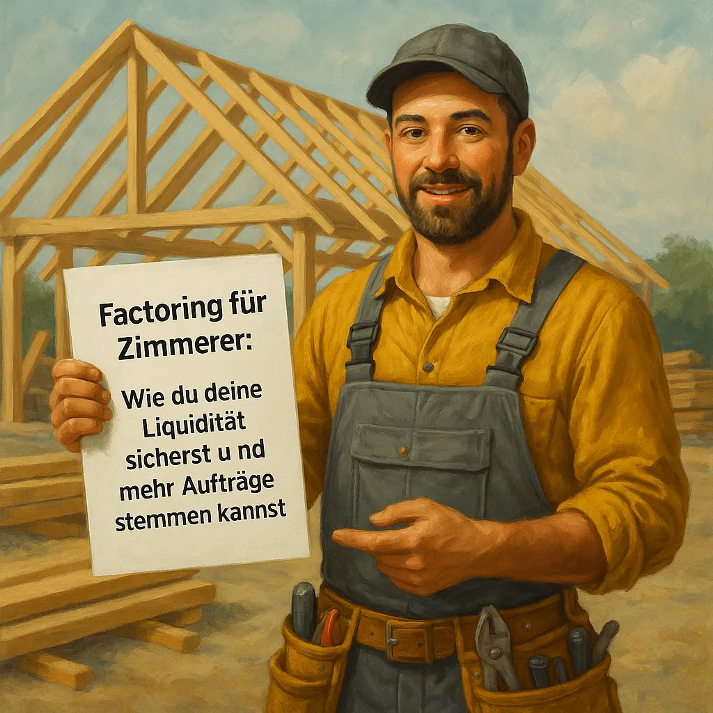 Digitale Illustration eines Zimmerers, der mithilfe von Factoring seine Liquidität sichert, auf einer Baustelle mit Dachstuhl im Hintergrund.