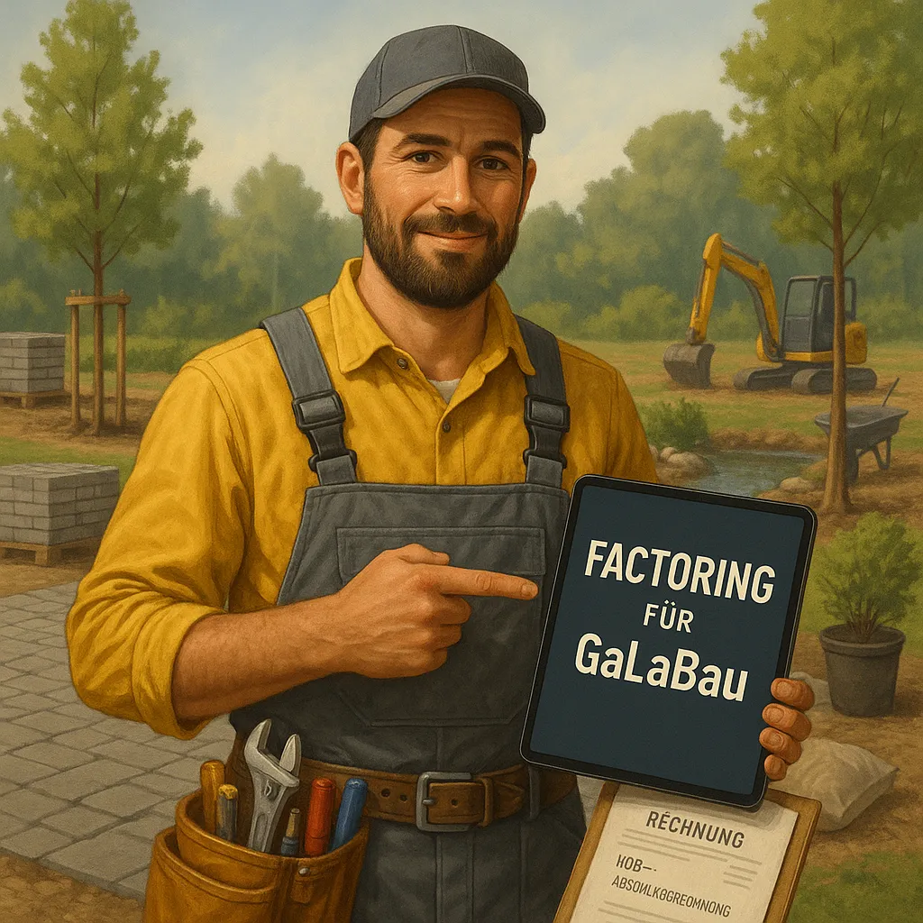 Digitale Illustration: GaLaBau-Handwerker Mitte 30 in grauen Overalls und gelbem Hemd zeigt auf Tablet mit Text „Liquidität in 48 Stunden – Factoring“ vor Baustellen-Hintergrund (Pflaster, Bäume, Teich).