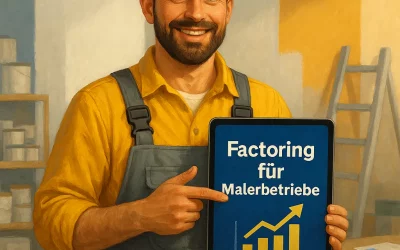 Malermeister hält Tablet mit Text „LIQUIDITÄT SICHERN – STRESSFREI WACHSEN“ in Werkstatt