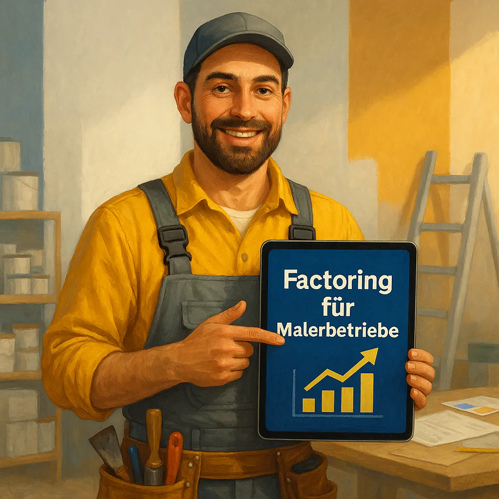 factoring-malerbetrieb-liquiditaet-stressfrei-wachsen Malermeister hält Tablet mit Text „LIQUIDITÄT SICHERN – STRESSFREI WACHSEN“ in Werkstatt