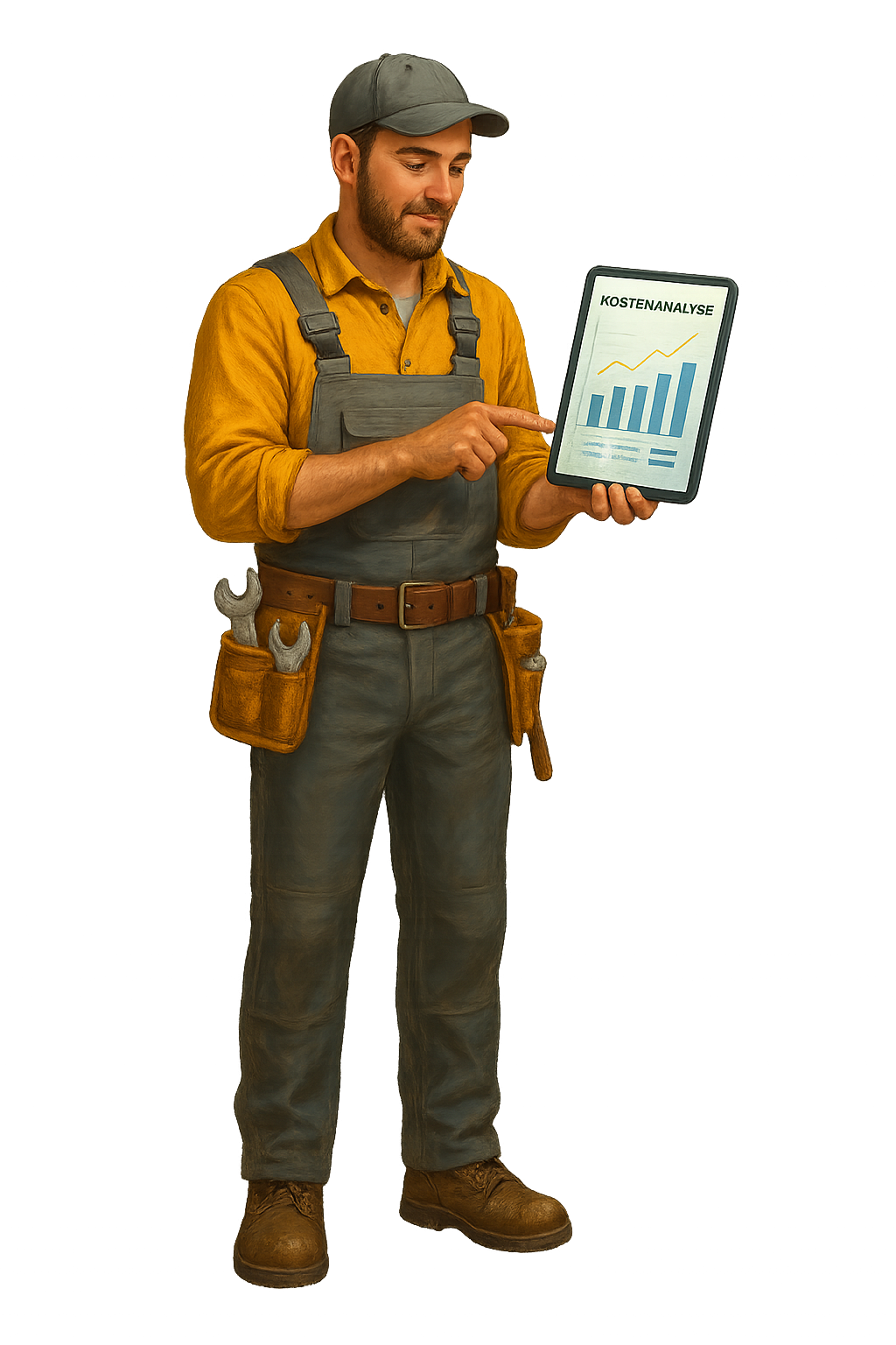rechnungskosten-rechner-freisteller-kostenanalyse-handwerk Ganzkörper-Freisteller: Handwerker mit Tablet „Kostenanalyse“, graue Latzhose, gelbes Hemd, transparentes PNG<br />